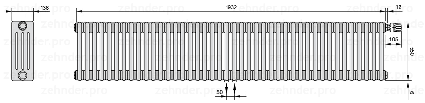 Схема (чертеж) Радиатор Zehnder Charleston 4055/42 №V008 Белый глянцевый RAL 9016